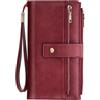 NEWIROVE Portafoglio Donna Grande, Borsellino Donna 24 Slot Per Carte Porta Carte Di Credito Protezione Rfid Portafoglio In Pelle Vintage con Cerniera E Tracolla Staccabile，Vino rosso