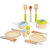 Small Foot- Set stoviglie e pentole Bambini, in Legno, 15 Pezzi, Un complemento Perfetto per Ogni Cucina da Gioco Ideale cucinetta, pz, 11098, Multicolore