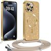 Phoona Glitter Cover per iPhone 15 Pro 6,1 con Cordino, Antiurto Silicone Protezione, Compatibile con MagSafe Cover con Cordino, Anti Graffi, Non Ingiallente, Oro