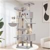 Taoqimiao Tiragraffi per Gatti, 180cm Stabile Tiragraffi per Gatti Adulti xxl con 2 Grotte,1 Amaca, 1 Cestini, 8 Pali Graffiatoi, 2 piattaforme, Materiale di Flanella Morbida, Grigio Chiaro MS026LW