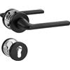 SORWDUERM Maniglia per porta nera Set maniglia, acciaio inox spazzolato opaco, maniglia per porta d'ingresso e porta interna, forma a L, rosetta rotonda, cilindro profilato PZ