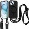 Jrkvniv Cover per iPhone 15 Plus con Cordino [Compatibile con MagSafe ] Custodia con Regolabile Laccio Collana Tracolla, Ultra Sottile Silicone Antiurto AntiGraffio Case per iPhone 15 Plus 6,7, Nero