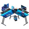 HLFURNIEU Scrivania Gaming Angolare con LED, 130 x 130 cm Scrivania a L con Supporto per Monitor, Postazione Gaming Ergonomica, Tavolo Ufficio per Studio, Lavoro e Gioco, Nero