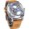 FORSINING Fancy - Orologio meccanico da uomo, quadrato, retrò, intagliato, meccanismo a ingranaggio, scheletro dorato, di lusso, automatico, vintage, cinturino in pelle, argento, Retrò