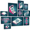 Giallobus - Set 10 Quadri Multi Pannello - Arcade Console - Cyan & Magenta - Legno MDF - | 2 x 42x29,7cm | 4 x 29,7x21cm | 4 x 21x14,85cm | - Pronti da Appendere - Quadri Moderni per la casa