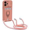 yanasuo Cover con Collana Compatibile con Xiaomi Redmi 13 4G, Cover con Pratico Cordino, Slidable Protezione Fotocamera Slot Carte 360° Anello Supporto, Pink