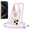 Jrkvniv Magnetica Trasparente Cover per iPhone 15 Pro con Cordino,Compatibile con Magsafe,Trasparente Ultra Sottile Silicone TPU Antiurto Custodia con Collana Laccio rimovibile per iPhone 15Pro, Viola