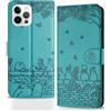 Butnyeoe Cover per iPhone 16 Pro Max Libro,Gatti/Fiori Motivo in Rilievo Custodia,PU Pelle Protettiva Portafoglio Flip Wallet Case Con Slot per Schede e Magnetica Supporto,Blu-Verde