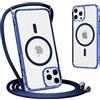 Yoedge Magnetica Traslucida Opaca Cover per iPhone 15 Pro con Cordino 6,1, Compatibile con Magsafe, Traslucida Opaca Ultra Sottile Silicone TPU Antiurto Custodia con Collana Laccio Tracolla, Blu