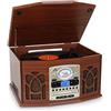 AUNA NR-620 - Giradischi Vinili Vintage, Lettore Vinili, Stereo Retrò, Cinghia, Max. 45 Giri/min, Radio, Display a Banda di Frequenza, Altoparlanti Stereo, Ingresso USB/SD, Cassette, Marrone
