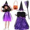 Hendpock Set Vestito Strega Halloween Bambina, Halloween Costume Strega Bambina Vestito con Gonna Cappello Scopa Accessori Strega Bambina Carnevale Accessori Halloween