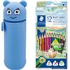 COLOP MARKY Astuccio per matite con Design Emoji in Blu, in Silicone Morbido e Resistente, con 12 matite Colorate STAEDTLER Noris Color 187, Formato Triangolare ergonomico, in Legno Riciclato