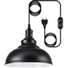 Linkenail Lampadario a Sospensione con Spina, E27 Vintage Lampada a Sospensione con Cavo da 4.5M e Interruttore Regolabile, Industriale Lampadari Paralume Metallo Nero per Cucina Magazzino Fattoria, Ø26CM