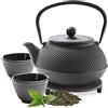 Tealøv TEIERA GHISA SET - Set Completo Teiera in Ghisa con Infusore, 2 Tazze e Sottoteiera - Interno Completamente Smaltato - Design Elegante in Stile Giapponese (800 ml, Nero)