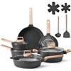 VEVOR Set di Pentole, Padelle Antiaderenti in Granito con Manico, Set di Pentole a Induzione da Cucina per Camper, con Frittura, Coperchi in Vetro Temperato, Nero 17 Pezzi