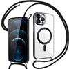 Pnakqil Magnetica Cover con Cordino per iPhone 12 Pro, Compatibile con Magsafe Ricarica Wireless, Trasparente Placcatura Disegno Custodia con Collana Laccio Tracolla per iPhone 12 Pro, Nero