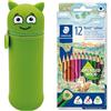 COLOP Astuccio MARKY con Design Emoji in Verde, Silicone Morbido e Resistente, incl. 12 matite Colorate STAEDTLER Noris Color 187, Formato Triangolare ergonomico, in Legno Riciclato