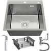 ANW HOME Lavello da cucina 50x50 cm con sifone, scolapiatti e dispenser di sapone da 350 ml, lavello da cucina in acciaio inossidabile 304 con 2 fori per rubinetto, lavello a montaggio a una vasca
