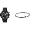 Emporio Armani orologio da uomo in pelle nera e bracciale in acciaio inossidabile color argento, set