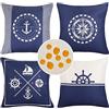 HomeStilez 4 Pack Fodere per Cuscini Impermeabili 50 x 50 cm Fodera per Cuscino Barca a Vela Ancora Bussola Timone Decorativo Copricuscini Quadrati in Cotone e Lino per Divano Casa Esterni Interni, Blu Navy