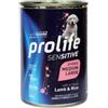 Generico Prolife Umido Cane Puppy Medium Large Sensitive 400gr, alimento completo per cani cuccioli di tutte le taglie, gusto AGNELLO e RISO | 6 scatolette da 400 grammi l'una