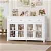 FirFurd 140cm Largo Credenza Cucina, Vetrina Soggiorno con 4 Ante in Vetro, Mobile Cucina Dispensa con 2 Cassetti e Ripiani Regolabili, per Soggiorno, Cucina, Sala da Pranzo, 140x40x90.7cm (Bianco)
