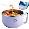 Pasdrucn Ciotola istantanea con simpatici adesivi, a prova di perdite, in acciaio inox, con coperchio e manico, accessori da cucina per verdure, frutta, ramen (viola, 1200ML)