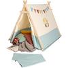 PINOLINO Yuma - Tenda da gioco per bambini, con finestra, tappetino e ghirlanda, due ingressi, 101 × 131 × 106 cm, montaggio rapido, bianco/blu pastello
