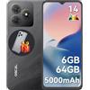 OSCAL Flat 2C Smartphone Android 14, 6GB+64GB/2TB-TF, Octa Core, 6.56" HD+ Telefono Cellulare, 5000mAh, 13MP+8MP, 4G Dual SIM Cellulari 3 Slot/Face ID/OTG/GPS/3.5mm Jack Nero