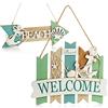 COM-FOUR® 2x decorazione da appendere in legno - targa per porta in design costiero - decorazione da parete vintage marittima - appendiabiti decorativo (2 pezzi - recinzione + freccia verde-blu)