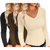 Ekouaer Donna Confezione da 3 Maglie a Maniche Lunghe Collo a V Camicie Termiche Set Elasticizzato Aderente Sottoscrubs Layer Tee Nero + Braun + Beige M