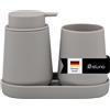 eluno TESERO - Set di accessori da bagno con superficie soft touch, 3 pezzi, composto da 1 dispenser di sapone, 1 tazza e 1 ciotola, ideale per bagno e cucina in plastica (tortora)