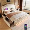 Autheria Letto Matrimoniale 160x200 con LED e USB, Letto una piazza e mezza con 4 cassetti, Letto Imbottito con rete a doghe e testiera, Struttura Letto Matrimoniale in Velluto Beige (Senza Materasso)