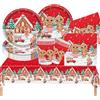 COSORO Set di Stoviglie di Natale da 69 Pezzi: Tovaglia di Plastica, Piatti di Carta, Salviette e Bicchieri per Decorazione Tavola Festa di Natale, Set di Stoviglie Rosso con Uomo di Zenzero per Forniture