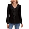 WOWENY Camicetta da donna con scollo a V, elegante volant, a maniche lunghe, slim fit, a maniche lunghe, casual, da donna, bianco, S
