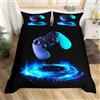 Loussiesd Set di biancheria da letto per bambini e ragazzi, per videogiochi, per ragazzi, ragazzi, adulti, geometrici, per controller di gioco, copriletto, collezione 2 pezzi, singolo, nero, blu