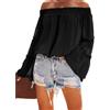 MQYXGS Donna con Spalle Scoperte Manica a Campana Swiss DOT Top Svasato Camicetta Allentata Casual Tinta Unita con Spalle Scoperte Camicia a Maniche Lunghe con Volant in Chiffon T-Shirt (E-Nero/3XL)