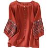 Generisch Camicia da donna boho ricamata in lino di cotone vintage, maniche lunghe, con parte anteriore monopetto, Colore: rosso, 3XL