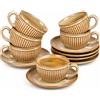 Erkundpresso. Set di 6 Tazze da Espresso 100ml con Piattini, Tazzine da caffè, Ceramica Effetto Forno Pareti Spesse Isolanti, Antiscivolo, Lavastoviglie & Microonde, Confezione Regalo - Marrone