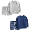 Simple Joys by Carter's 4-Piece French Terry Long-Sleeve Shirts And Shorts Playwear Set Gioco, Blu Marino/Grigio/Dinosauri/Righe, 12 Mesi (Pacco da 4) Bambino