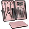 ZIZZON Set per manicure e pedicure, 18 in 1, con custodia da viaggio in pelle (nero/rosa)