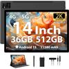 LEVIRTU Android 15 Tablet 14 Pollici 2K FHD, 36GB+512GB/TF 2TB, Octa-Core, 11580mAh, 4-Speaker, 13MP Fotocamera, Grande Tablet con Dual SIM 4G LTE/5G WiFi/GPS/Custodia/Stylu/Auricolare, Nero