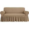SaRani Copridivano Elasticizzato con Gonna a Balze, Bolle Floreale in Rilievo, 280x170 cm, Tessuto Bielastico, Protezione Divano, Classico (Beige, 3 Posti)