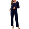Aseniza Pigiami Invernali Donna Pigiama da Donna in Pizzo Lungo Due Pezzi Manica Lunga Cotone Set Pigiama Morbido Blu XL