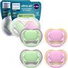 AVENT Philips Avent Ultra Start Ciuccio - Design ortodontico, per neonati 6-18 mesi, tettarella simmetrica in morbido silicone, senza BPA, 2 custodie per la sterilizzazione, confezione da 4, SCF087/25