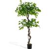 GIANTEX Pianta artificiale da 150 cm, pianta artificiale Ficus Benjamin, decorazione per interni in vaso di cemento, pianta verde con tronco e foglie in legno naturale, decorazione per interni