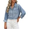 PASUDA Camicia Donna Jeans a Manica Lunga Elegante Camicetta con Scollo a V Cotone Blusa con Bottoni Tinta Unita Denim Shirt Casual Top da Lavoro (Azzurro, M)
