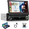 VECHTEL Autoradio 1 Din con wired Carplay Android Auto, Schermo Tattile Pieghevole da 7 Pollici IPS Bluetooth Stereo Auto, Radio FM, Mirror Link, USB, SWC, Mic, Telecamera Posteriore