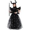 HERMORRYSS Malefica Costume Bambina, Maleficent Costume per Ragazze con Scettro, Ali e Accessori, Abiti da Regina Malvagia per Bambini, Set Abito da Sera in Tulle per Halloween Carnival Cosplay (XL)