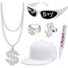 Goenb Solja Boy - Kit per costume hip hop, accessori per costume da rapper anni '80, 90 e 2000, accessori per costume hip hop, con occhiali, anello con catena dollaro, berretto bianco